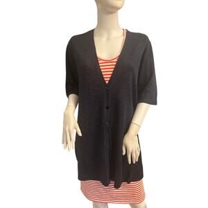 J. Jill Cardigan Preppy Nautical Lagenlook Large Blue Linen Rayon Sweater